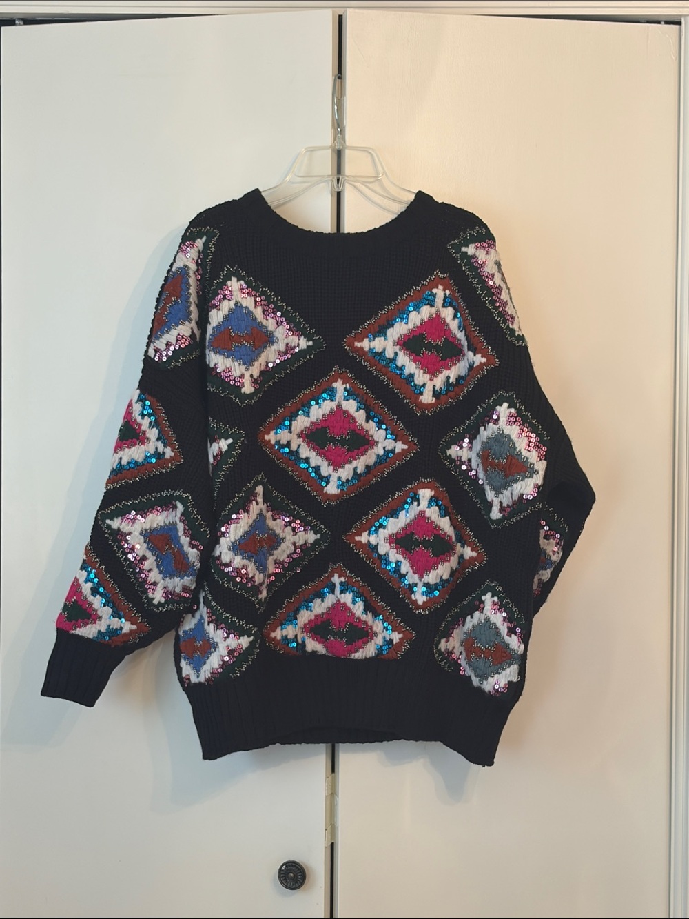 ZARA Black Geometric Pattern Crewneck Sweater - Women's